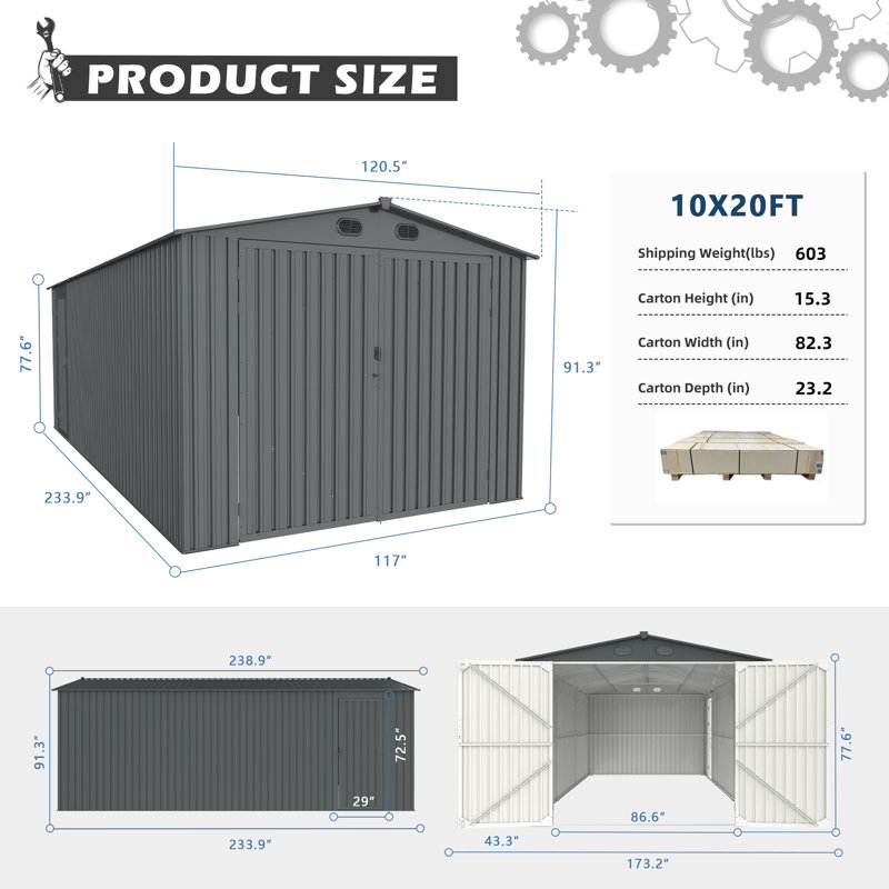 Arlmont & Co. Lachezara 10 ft. W X 20 ft. D Metal Storage Shed